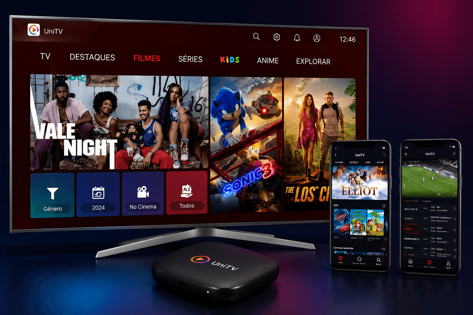 UniTV sendo exibida em TV, TV box e celulares com filmes, séries e canais ao vivo